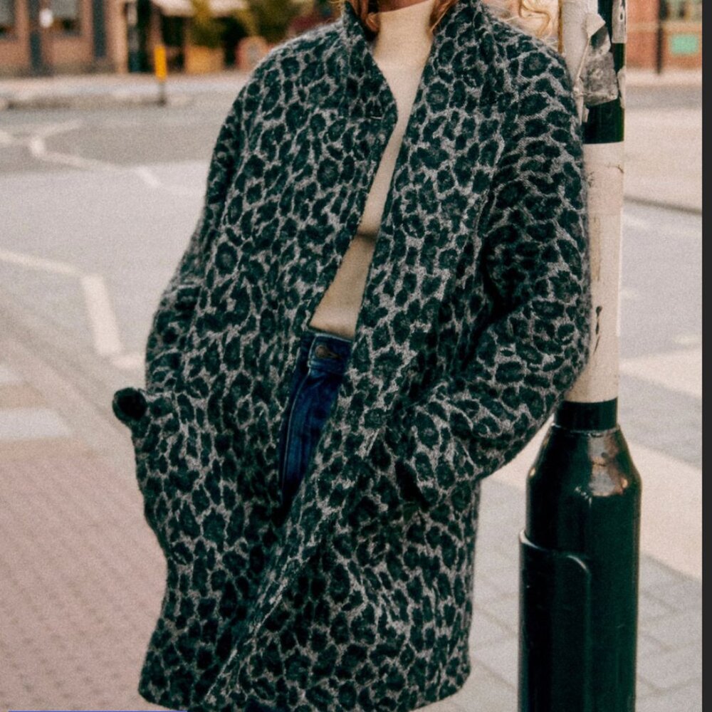 Sezane Dario Coat - Solidarity Creation Grey Leopard Print - Size 10